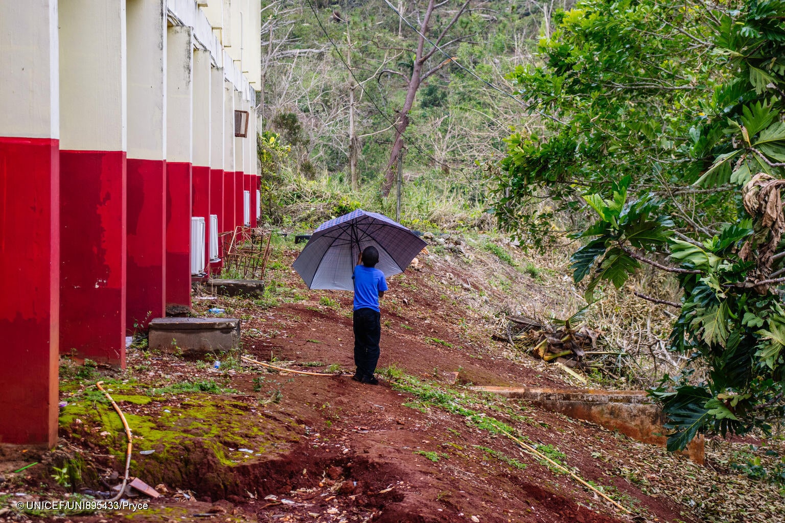 niño sostiene un paraguas en medio del barro
