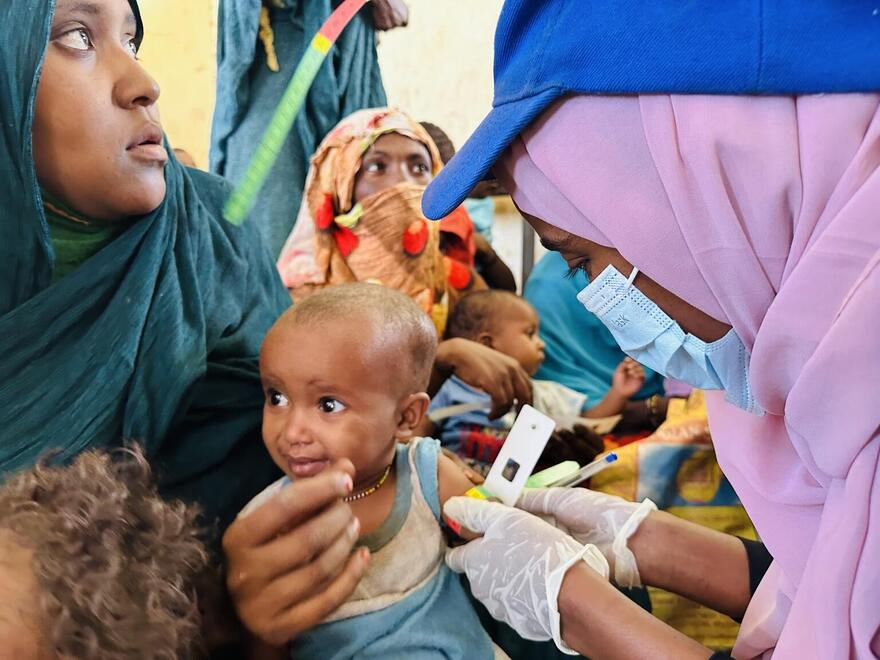 Los niños se someten a un examen de nutrición en una clínica móvil de UNICEF y el Fondo de ayuda para pacientes (PHF) en la localidad de Silkiy, un área de difícil acceso en el estado de Kassala.