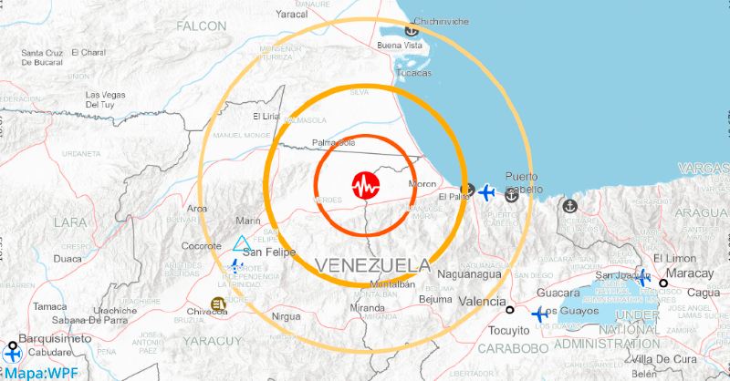 Mapa que marca el epicentro de uno de los dos terremotos ocurridos el 24 de junio de 2026 en Venezuela. Fuente: WFP