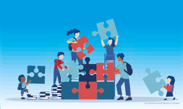 Ilustración de un grupo de estudiantes haciendo un puzle