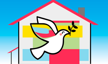 Nuestra escuela de paz Iluestración de una paloma blanca y una escuela de colores
