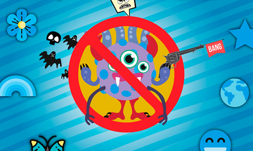 Imagen del violentovirus, rodeado de sómbolos del buen trato