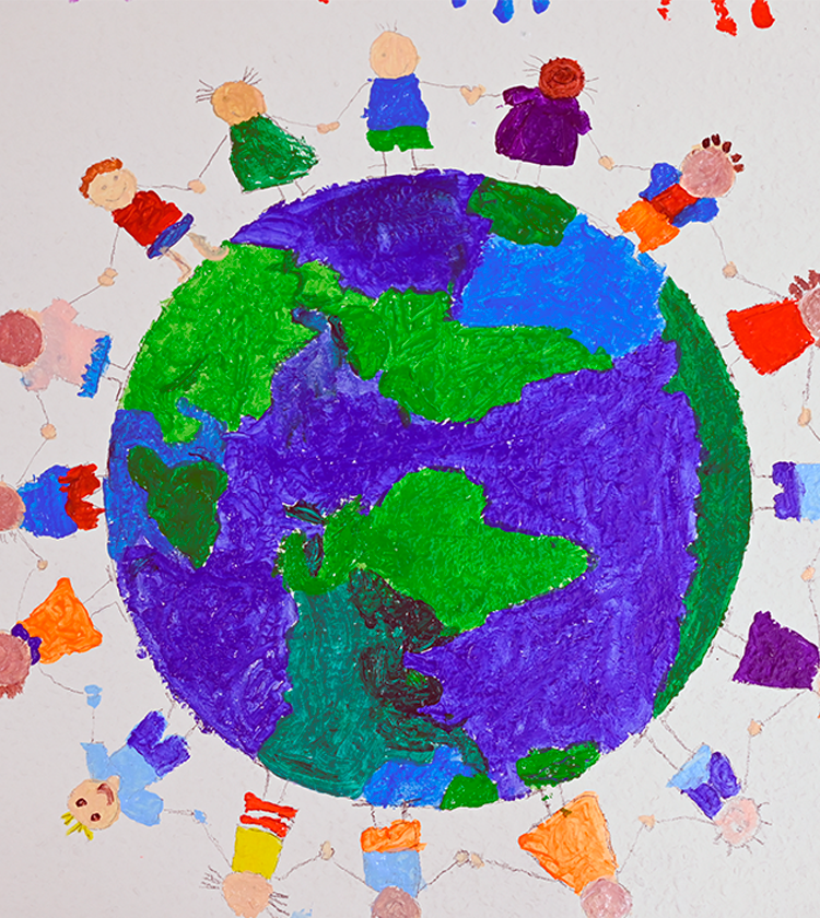 Dibujo de la Tierra, rodeada por niños y niñas que se dan la mano