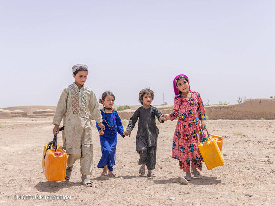 Un grupo de niños afganos obligados a recorrer largas distancias para acceder a una fuente de agua. Un grupo de niños caminando
