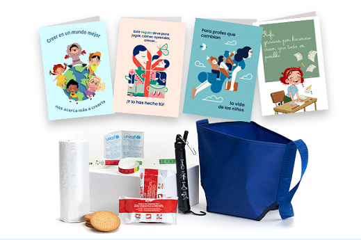 Tarjetas Regalo Azul con los suministros que se pueden enviar