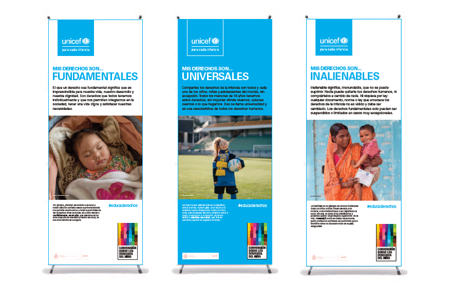 Exposición para centros educativos sobre los derechos de la infancia Tres paneles de la exposición